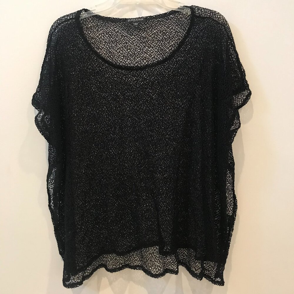 Eileen Fisher Petite black mesh short sleeve poncho cover-up top, size PL